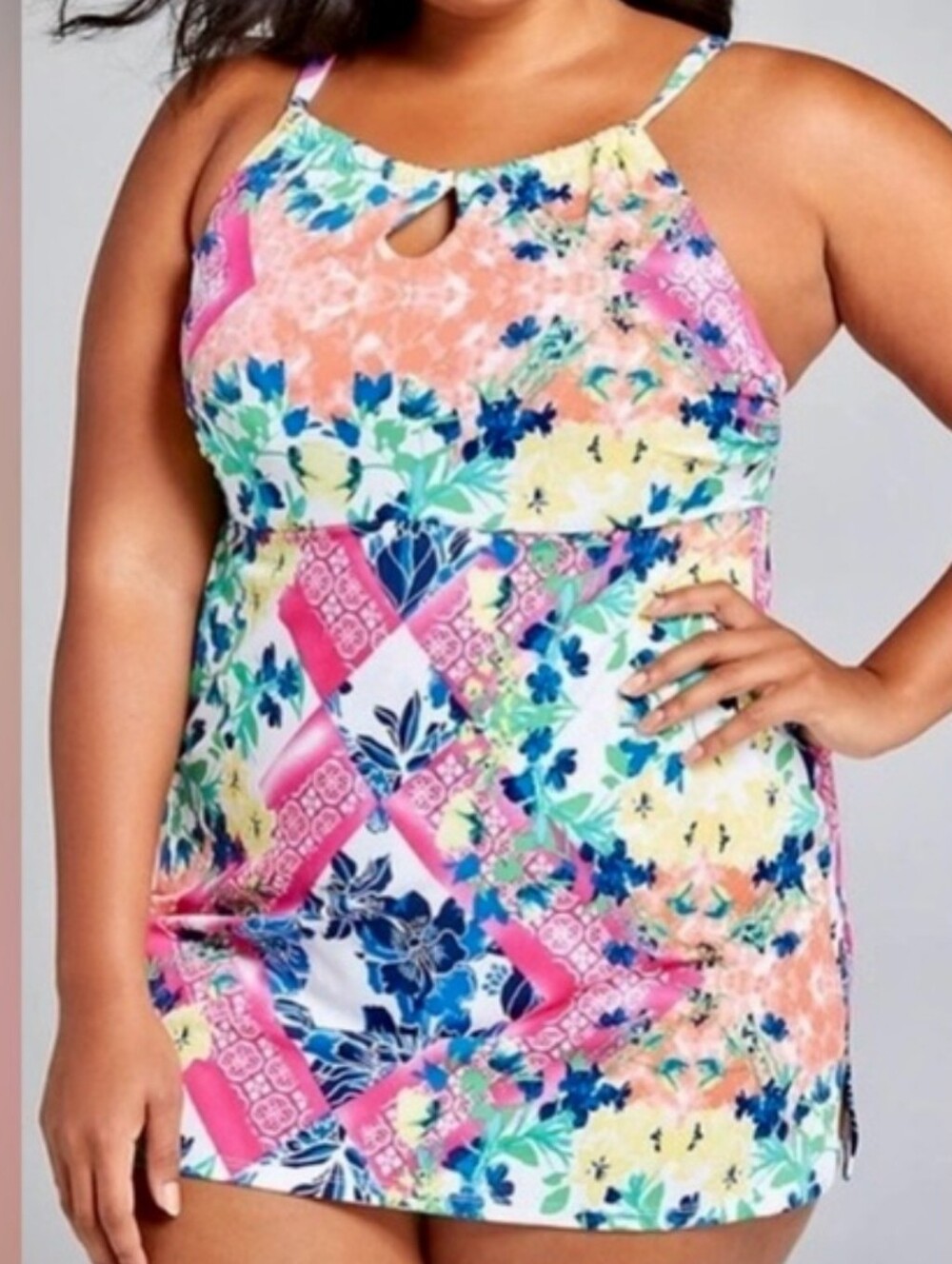 Cacique Swimdress No Wire High Neck Patchwork Adjustable Straps Size 20